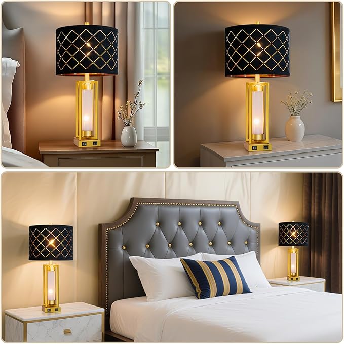 Set of 2 Modern Table Lamps for Living Room Bedroom with USB C+A, Rustic Nightstand Lamps with White Night Light, Black Grid Shade, Desk Lamps for Bedside End Tables, 4 Bulbs Included (Gold)