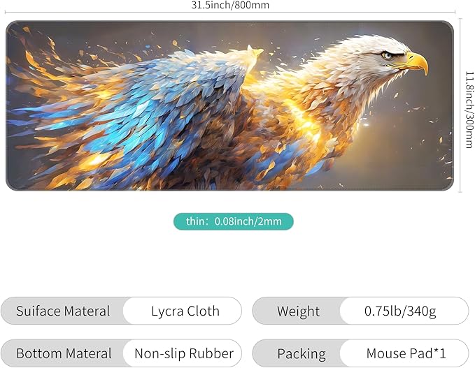 Thin Extended Gaming Mouse Pad （31.5 * 11.8 * 0.08 inch） with Stitched Edges Large Mousepad Long XXL Keyboard and Mouse pad Desk Mat for Gaming Office & Home - Golden Eagle Soars