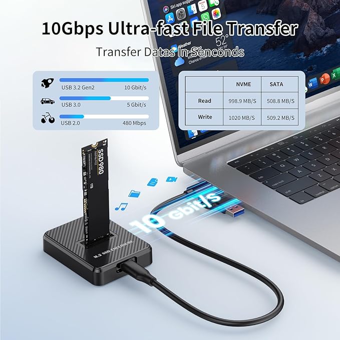 M.2 NVMe & SATA to USB Adapter - USB 3.2 Gen 2 10Gbps External SSD Enclosure, Aluminium Alloy Housing, Supports M.2 (M Key) NVMe & (B+M Key) SATA SSDs, Plug and Play External Storage Solution