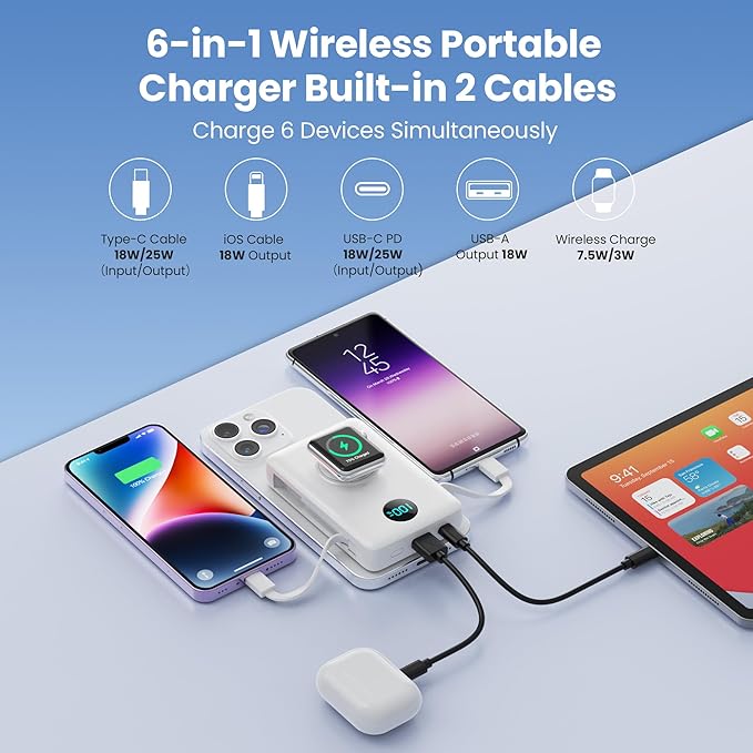 Magnetic Portable Charger for MagSafe with Built-in Cable, iWatch Charger, 10800mAh Wireless Power Bank Travel Essentials, 25W PD Fast Charging Battery Pack for iPhone 17/16/15/14/13,Apple Watch-White