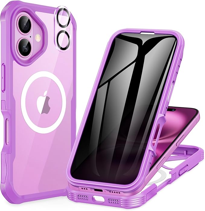 CENHUFO Magnetic Privacy for iPhone 16 Case [Compatible with Magsafe] Full Body Phone Case Built-in 9H Tempered Glass Privacy Screen Protector and Camera Lens Cover, Shockproof Bumper Clear -Rose Pink