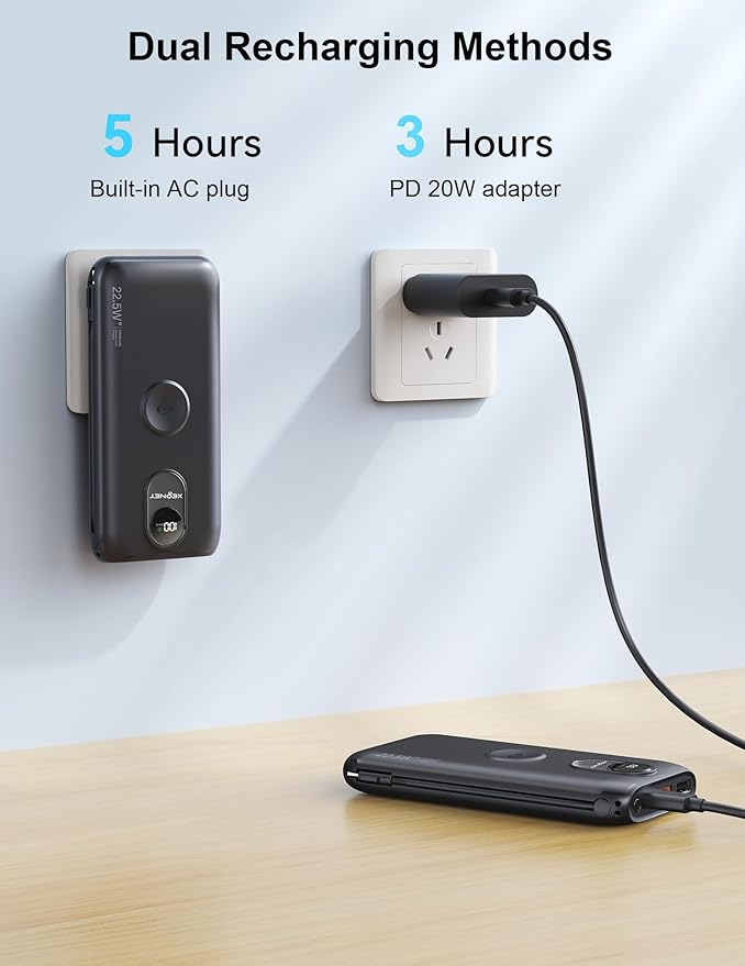 Portable Charger, 10000mAh 22.5W Power Bank Fast Charging with Wall Plug, Built-in Cables, LED Display, Compact Lightweight USB C Travel Battery Pack for iPhone 17/16, Android Cell Phone, Pad, iWatch