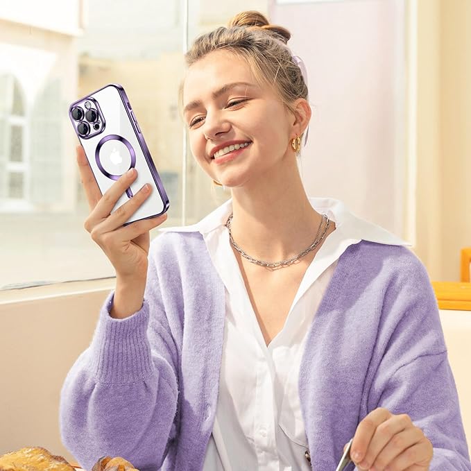 Hython Magnetic Clear for iPhone 13 Pro Max Case with Camera Lens Protector [Compatible with MagSafe] Plating Edge Slim Soft TPU Cover Protective Phone Case for iPhone 13 Pro Max 6.7", Deep Purple