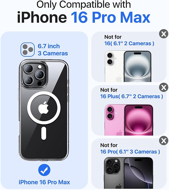 Magnetic for iPhone 16 Pro Max Case[Compatible with MagSafe][Military-Grade Drop Protection][Anti-Yellowing]Shockproof Protective Translucent Matte Cover for iPhone 16 Pro Max Phone Case,Clear