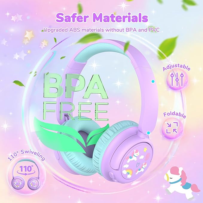 iClever BTH22 Kids Bluetooth Headphones, 60H Play Time, 74/85 dBA Safe Volume, Bluetooth 5.4, USB C, Over Ear Kids Headphones Wireless with Mic AUX Cord for iPad/Tablet/Travel/School, Purple/Green