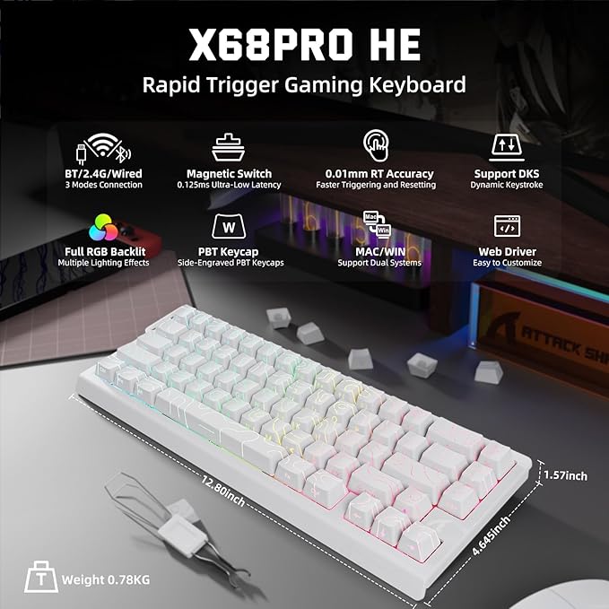 ATTACK SHARK X68 PRO HE Wireless Rapid Trigger Gaming Keyboard with Adjustable Actuation,8K Polling Rate,Hall Effect Magnetic Switch,Hot-Swap,RGB Backlit,BT/2.4GHz/Wired,for FPS Games-White