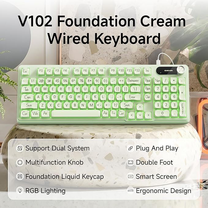 EWEADN V102 Wired Keyboard, 98 Keys Creamy Gaming Keyboard with Display Screen, Media Knob RGB Silent Wired Cute Computer Keyboard for Laptop PC Gamer - Green