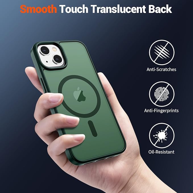 SUPFINE Magnetic for iPhone 15 Case (Compatible with MagSafe) (Military Grade Drop Protection) Slim Translucent Matte Shockproof with Anti-Fingerprint Phone Case, Forest Green