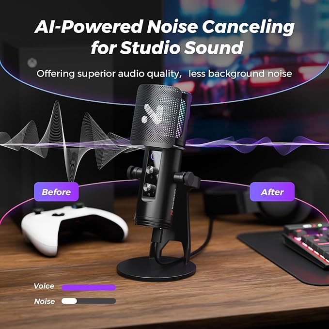 NearStream USB Gaming Microphone for PC with Noise Canceling/RGB Light/Quick Mute/Gain/Headphones Jack/Pop Filter, Desktop Condenser Microphone for Stream/Record/Podcast/PS5/PS4/Twitch/YouTube (AM35U)