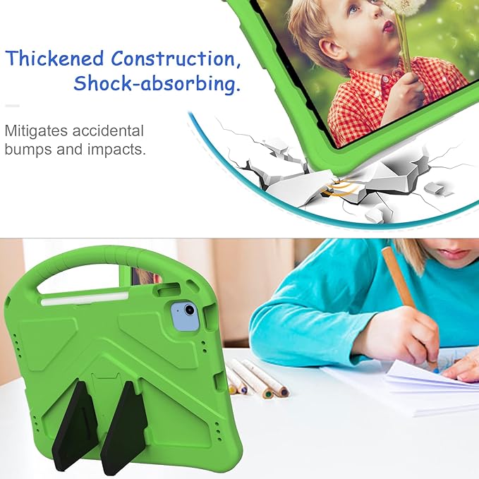 Kids Case for iPad A16 11th/10th Generation 2022/2025 11-Inch iPad Cover with Pencil Holder, Techcircle Lightweight Shockproof EVA Foam Rugged Handle Stand Anti-Slip Grip Protective Case, Green