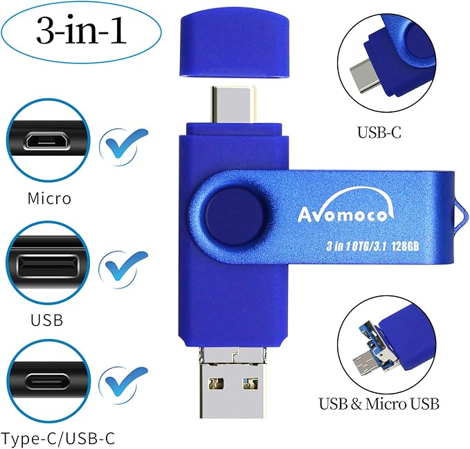 3.1 128GB 3 in1 High Speed Photo Backup Flash Drive for iPhone 15/16/17 wtih Type C/USB-C Port,Photo-Stick-for Android Phones with OTG Function