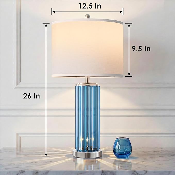 QiMH Table Lamps for Bedroom Set of 2 with Nightlight, Modern Bedside Lamp with USB A+C Charging Port, Blue Nightstand Lamp for Living Room White Shade Home Decor, 2 Bulbs Included