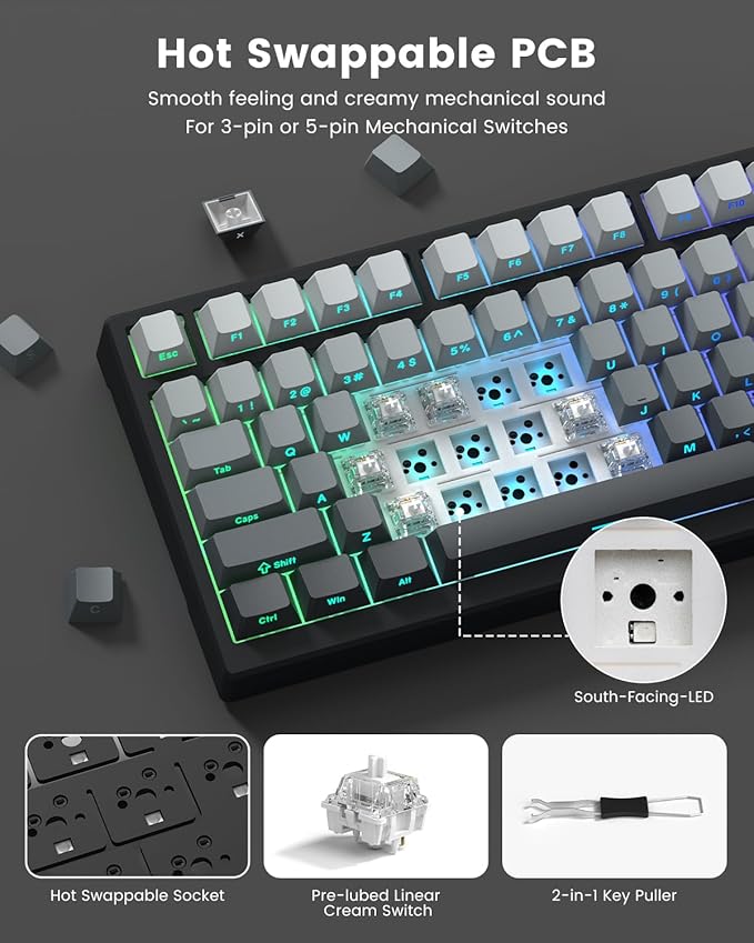 X98 Wireless Mechanical Keyboard, RGB Backlit Custom Gaming Keyboard with Number Pad, BT5.0/2.4GHz/USB-C, Gasket Structure, Hot Swappable Pre-lubed Linear Switch, Side Printed PBT Keycaps