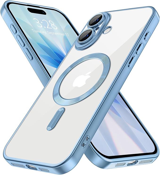 Hython Magnetic Clear for iPhone 17 Case with Camera Lens Protector [Compatible with MagSafe] Luxury Plating Edge Slim Soft TPU Cover Protective Phone Case for iPhone 17 6.3", Matte Light Blue