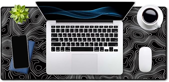 SSOIU Black Topographic Extended Gaming Mouse Pad XXL ArtSo Large Keyboard Mat Long Mousepad Desk Decor Writing Pad Non Slip Rubber Base Stitched Edges for Work, Game, Office, Home, 35.5" x 15.7"