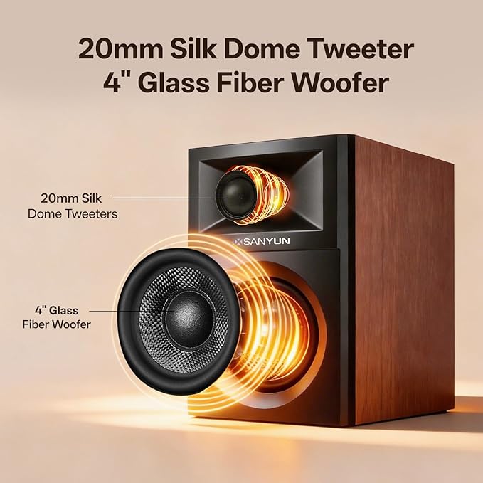 Sanyun SW205 4" 80W HiFi Bookshelf Speakers, 2.0 Active Near Field Studio Monitor, Upgraded 3D Sound Field, Flagship DAC & DSP, Geometric Diffusion Cabinet, Bluetooth 5.4/Optical/AUX, Woodgrain