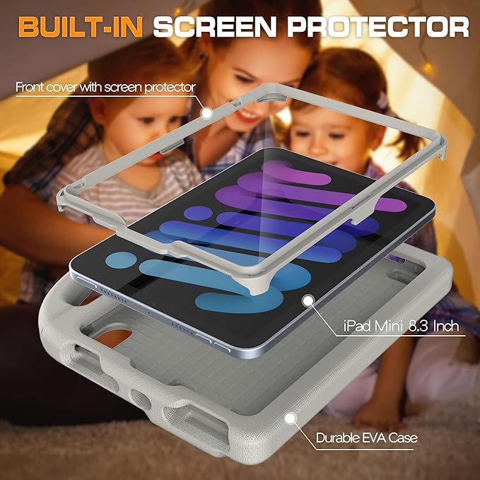 Kids Case for iPad mini 7 (A17 Pro) 2024/ Mini 6 2021, iPad mini 7th/6th Generation Case with Screen Protector - Shockproof with Handle Stand Protective Cover for iPad 8.3 Inch, Light Gray