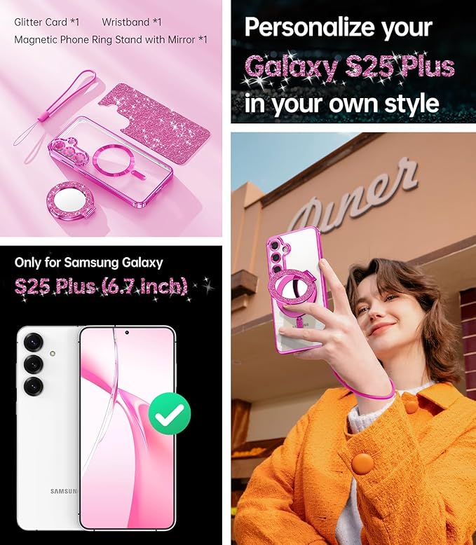 Meifgino Magnetic Case with Removable Phone Ring Stand for Samsung Galaxy S25 Plus, [Glitter Card & Wrist Strap] [MagSafe Compatible] [Built in Mirror] Phone Ring Stand + Phone Case Kit, Hot Pink