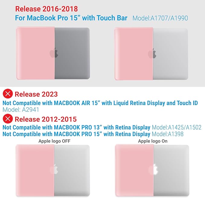 IBENZER Compatible with MacBook Pro 15 Inch Case 2019 2018 2017 2016 A1990 A1707, Hard Shell Case with Keyboard Cover & Type C Adapter for Mac Pro 15 Touch Bar, Rose Quartz, T15-RQ+1TC