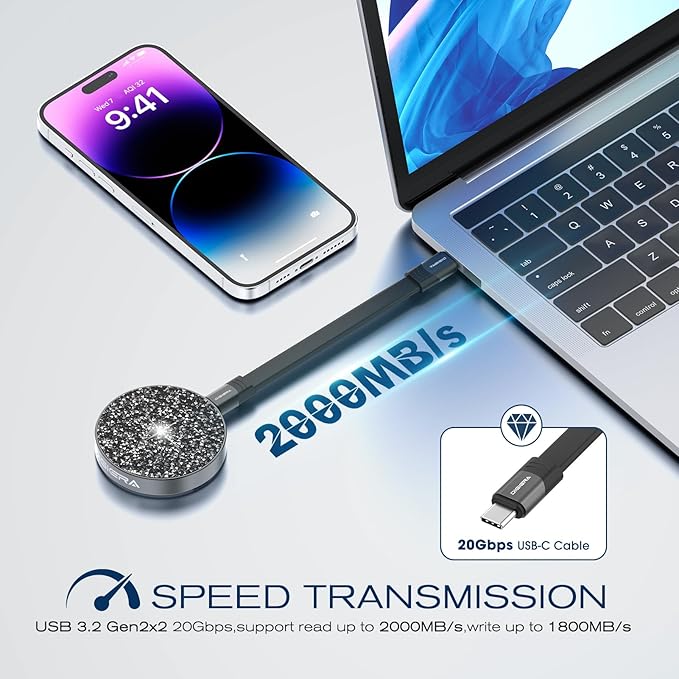 DIGIERA 1TB Magnetic Portable SSD, USB-C 3.2 Gen 2x2 External Solid State Drives w/Speeds Up to 2000MB/s, Compact & Durable, Compatible with iPhone 15/16 Series and Other USB-C Devices, Diamond Black
