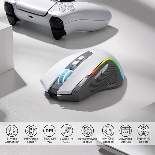 Redragon M612 PRO RGB Gaming Mouse, 8000 DPI Wired/Wireless Optical Mouse with 9 Programmable Buttons & 7 Backlit Modes, BT & 2.4G Wireless, Software Supports DIY Keybinds Rapid Fire Button