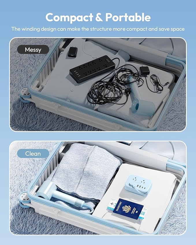 NTONPOWER Travel Power Strip, 6 Outlets 4 USB Ports(2 USB C), 4ft Extension Cord Wrapped Around Small Power Strip, Compact for Travel, Hotel, Cruise Approved, Blue