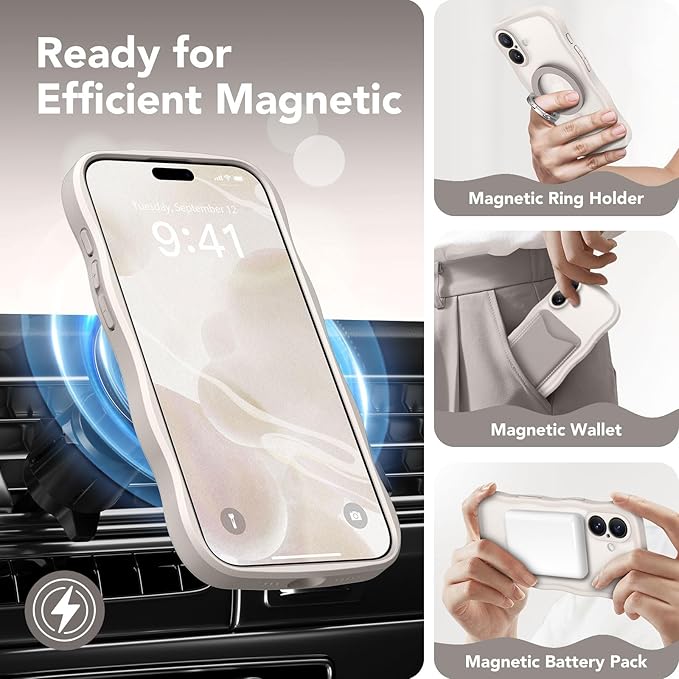 CAPRARO Magnetic for iPhone 17 Case for Women Girls, Upgraded [Full Camera Protection] [Compatible with MagSafe] Cute Wave Translucent Matte Phone Case for iPhone 17, Stone