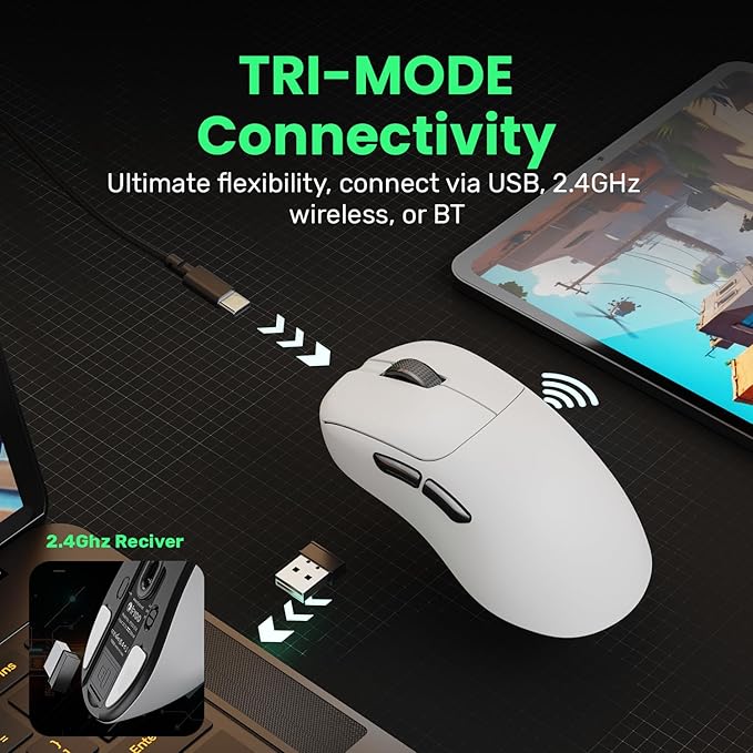 G18 2.4G/BT/Wired Tri-Mode 8K Wireless Gaming Mouse, Right-Handed Ergonomic Design, PAW3395 Sensor, 58g Lightweight, 8000 Polling Rate, 26K DPI, 5 Programmable Buttons, with Nano Wireless Receiver