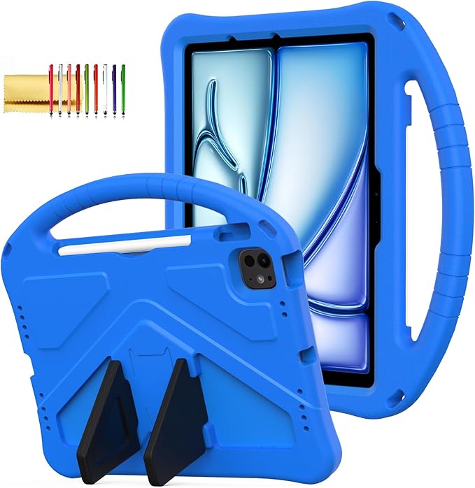 Kids Case for iPad Pro 11-inch (M5) 2025/(M4) 2024, Air 11" 2026 M4/M3/M2 Case with Pencil Holder, Techcircle Lightweight Shockproof EVA Foam Handle Stand Anti-Slip Grip Rugged Cover, Blue