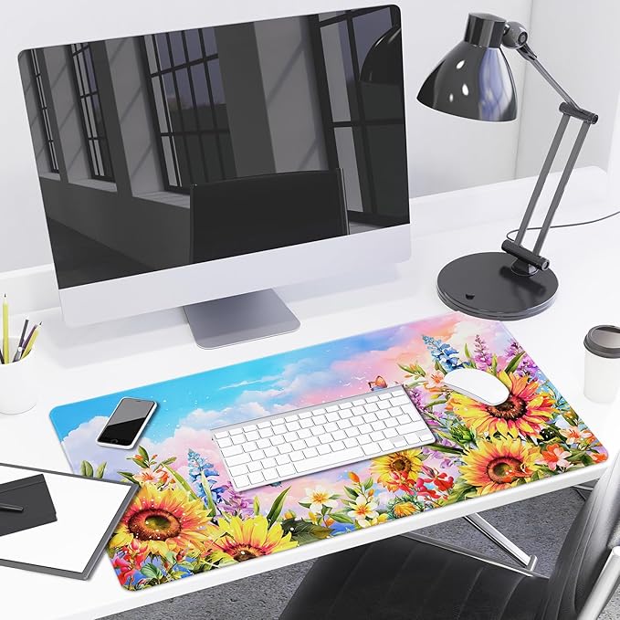 Lokigo Sunflower Mouse Pad Desk Pad Large Gaming Mouse Pad Floral Butterfly Non-Slip Rubber Base Mousepad Keyboard Writing Desk Mat for Home Office Work Study Gaming 31.5"x15.7", Flowers