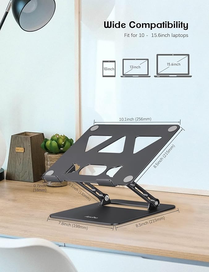 Aoviho Adjustable Laptop Stand for Desk, Portable Laptop Stand Holder and Riser, Foldable Aluminum Notebook Computer Stand for MacBook Air Pro HP Lenovo Dell Samsung Chromebook, 10-15.6 inch, Black