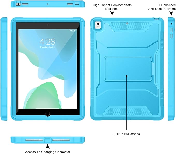 Soke Case for iPad 6th/5th Generation 9.7 Inch 2018/2017,with Built-in Screen Protector and Kickstand, Rugged Full-Body Heavy Duty Protective Cover for Apple iPad Air 2 /Pro 9.7 - Cyan Blue