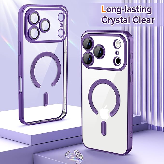 Hython Magnetic Clear for iPhone 17 Pro Case with Camera Lens Protector [Compatible with MagSafe] Luxury Plating Edge Slim Soft TPU Cover Protective Phone Case for iPhone 17 Pro 6.3", Matte Purple