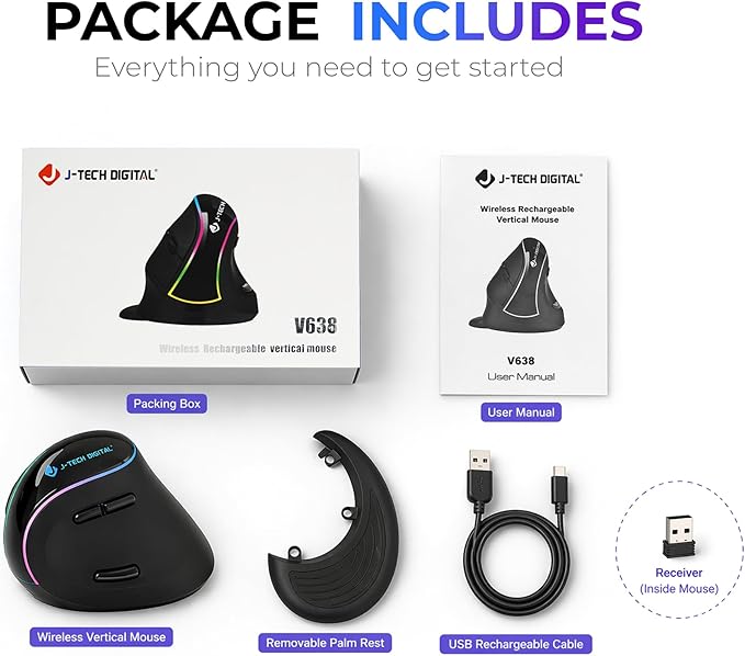 J-Tech Digital Ergonomic Mouse with Wireless Connection, Removable Palm Rest, Thumb Buttons, Rechargeable Battery, 800 DPI, Compatible with Windows and MAC OS
