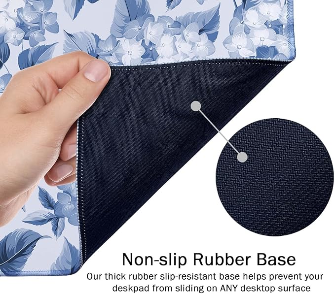 SSOIU Blue Hydrangea Flowers Desk Mat, Floral Large Aesthetic Mouse Pad 35.5" X 15.7", Waterproof Desk Mat Stitched Edges, Non-Slip Laptop Computer Keyboard Mousepad for Office and Home