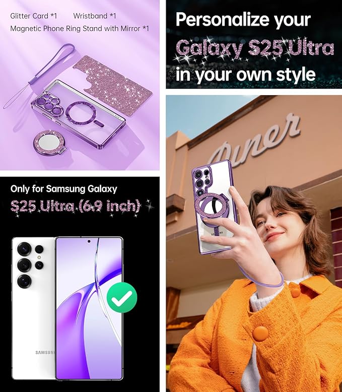 Meifigno Magnetic Case with Removable Phone Ring Stand for Samsung Galaxy S25 Ultra, [Glitter Card & Wrist Strap] [MagSafe Compatible] [Built in Mirror] Phone Ring Stand + Phone Case Kit, Purple