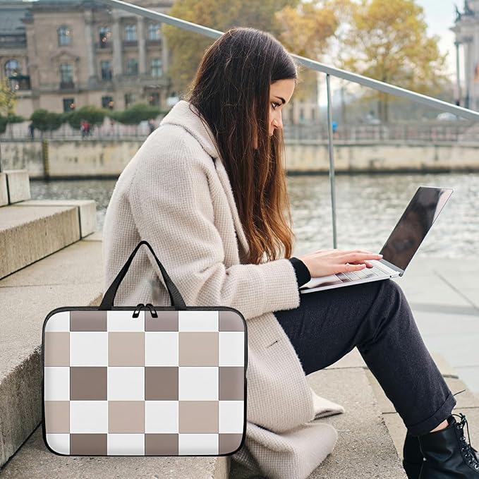 Laptop Sleeve Case Bag 15 inch, Brown Checkered Slim Carrying Case Handbag Travel Laptop Bag for 15 inch MacBook Air M3/M2/15 Pro/Surface Laptop 7/6/5/4/3/ Dell XPS 15 Plus