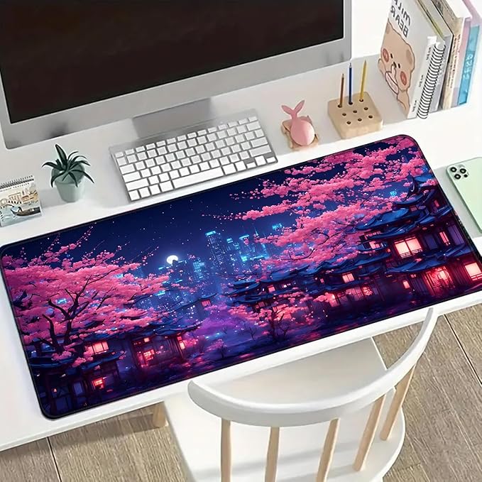 Simpkeely Fantasy Night City Gaming Mouse Pad, Blacklight Japanese Residential Buildings Landscape Neon Large Waterproof UV Reactive Non-Slip Rubber Base Mousemat for Office Home - 31.5" x 11.8"