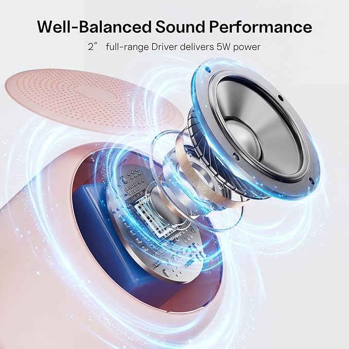 Bobtot Portable Bluetooth Speakers with Strap Easy to Carry, Wireless IPX5 Waterproof Mini Speaker with Loud Stereo Sound, 20 Hours Playtime, Rechargeable Battery, Built-in Microphone, Pink