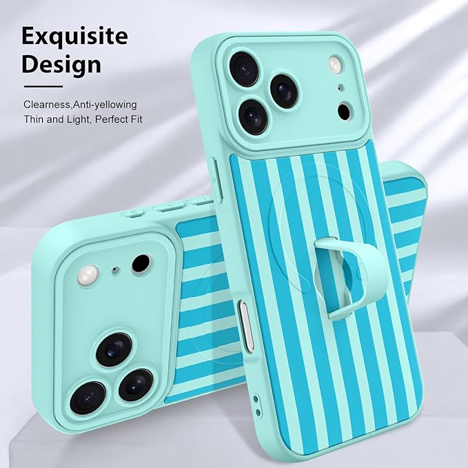 KANGHAR Compatible with iPhone 17 Pro Case, Support for MagSafe, Silicone Stripes Cute Pattern, Wristband Kickstand Camera Protection Soft Slim Cover for Girls Women -Blue