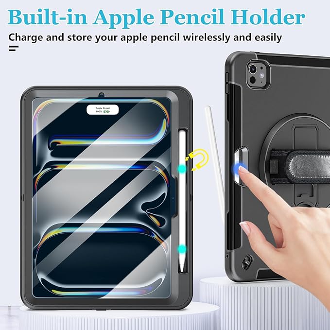 Case for iPad Pro 11 M5 2025/ M4 2024: Protective Cover for iPad Pro 11 Inch 5th Generation with Screen Protector- Stand- Handle- Shoulder Strap- Pencil Holder- Black