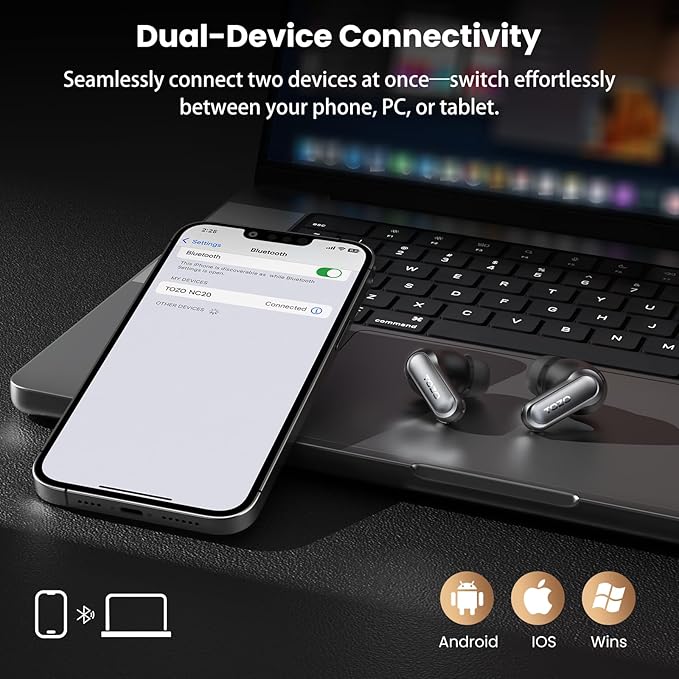 TOZO NC20 Active Noise Cancelling Wireless Earbuds, LDAC Hi-Res Sound Bluetooth Headphones, 6 Mics AI Call Ear Buds 80H Playtime, Dual Pairing, 32 EQ via App, IPX8 Waterproof, Wireless Charging Case