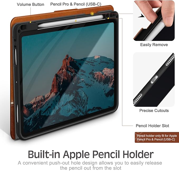 KingBlanc Case for iPad Pro 13 inch (M5 2025/M4 2024) with Pencil Holder, Vegan Leather Stand Cover, Auto Sleep/Wake, Support Pencil Pro/(USB-C), Viewing/Writing Angles, Vintage Notebook Style,Brown