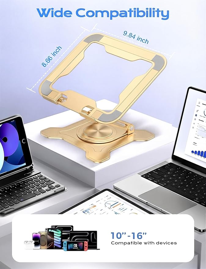 JCZT Adjustable Laptop Stand, 360° Rotating Base Ergonomic Computer Stand, Foldable Laptop Stand for Desk for Office Home Fits Compatible with MacBook Pro Air (10-16") - Gold