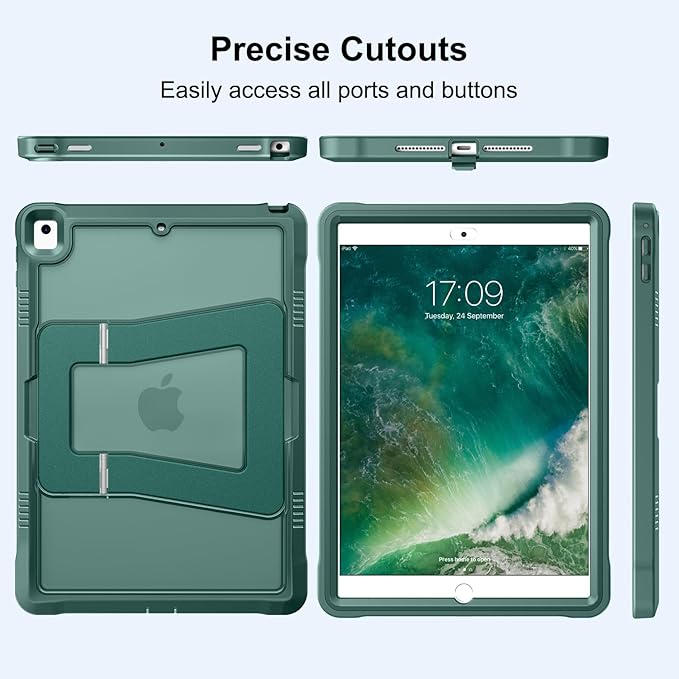 DTTO Case for iPad 6th/5th Generation 9.7 Inch 2018/2017, Adjust Kickstand Freely, Built-in Screen Protector, Frosted Full-Body Shockproof Protective Cover for iPad Air 2 / Pro 9.7, Midnight Green