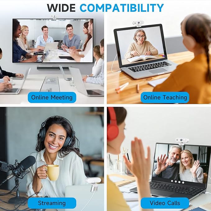 AOC White 4k Webcam for PC with Microphone, Computer Camera with Noise Cancellation, Privacy Cover, 99° FOV, Plug & Play USB Webcam for Streaming, Conferencing, Zoom, Skype, Facetime