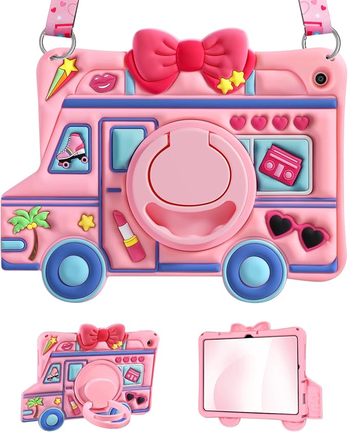 for Samsung Galaxy Tab A9 Plus Case - for Girls Cute Girly Kawaii 3D Cartoon Design with Rotating Stand Handle & Shoulder Strap Silicone Cover for Samsung A9 Plus Tablet Cases 11 Inch