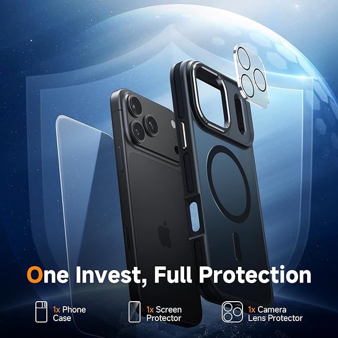 Magnetic 3 in 1 for iPhone 17 Pro Case, [Omni-Directional Protection] with 1x Screen Protector + 1x Camera Cover, [Seamless Work with Magsafe] Shockproof Slim Thin Matte Case for iPhone 17 Pro Black