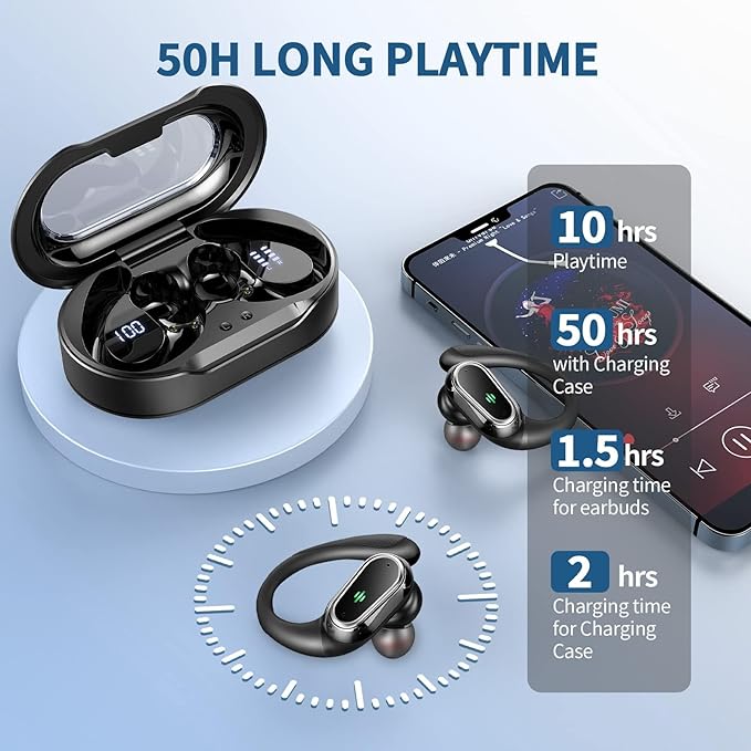 Wireless Earbuds, 2026 Bluetooth 5.4 Headphones Sport, 60Hrs HiFi Stereo Deep Bass Over-Ear buds with ENC Noise Cancelling Mic, IP7 Waterproof & LED Display Earphones with Earhooks for Workout/Running