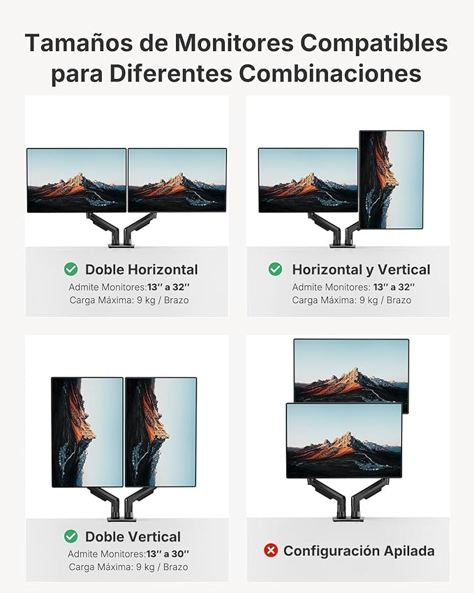 HUANUO FlowLift™ Dual Monitor Stand, Fully Adjustable Gaming Monitor Desk Mount for 13–32″ Computer Screens, Full Motion VESA 75x75/100x100 with C-Clamp & Grommet Base, Each Arm Holds 4.4 to 19.8 lbs